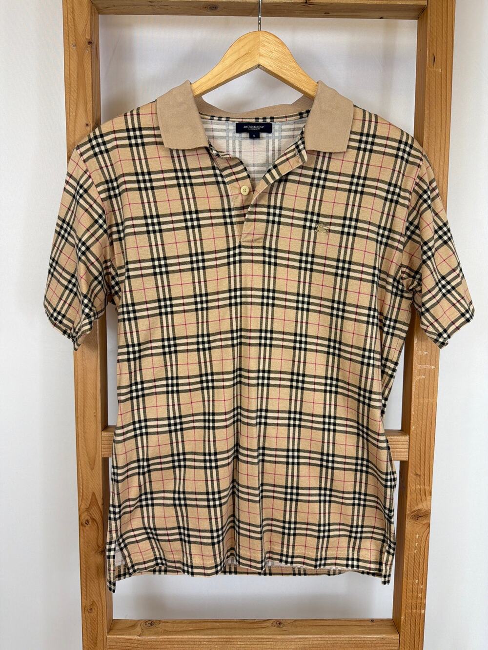 Burberry London Peach Plaid Cotton Button Down Shirt Short Sleeve Size Small S